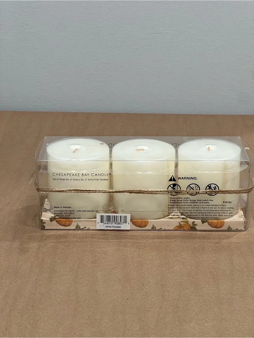 Set of 3 - 3x3 Pillar Candle White Pumpkin Scented Fall Thanksgiving